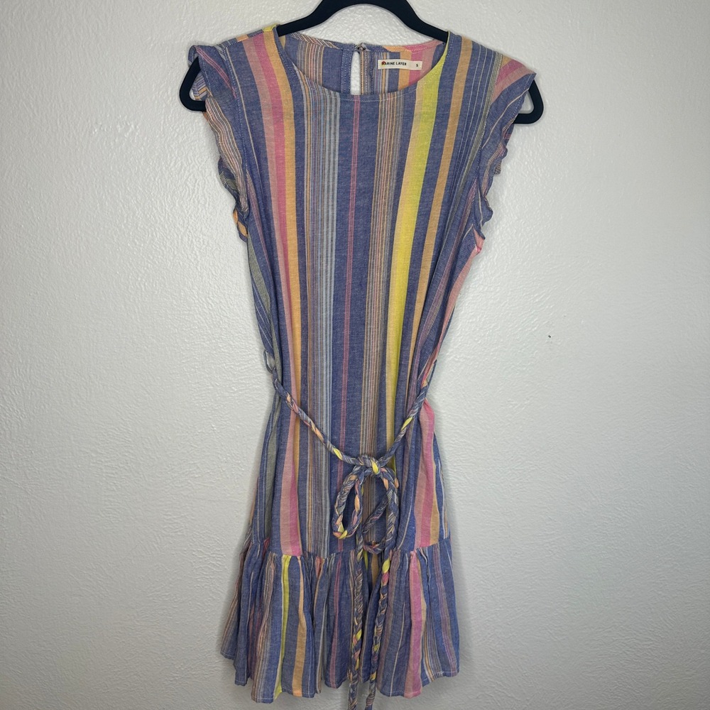 Marine Layer Linen Blend Laney Mini Dress in Blue Variegated Stripe Size Small - Picture 3 of 10
